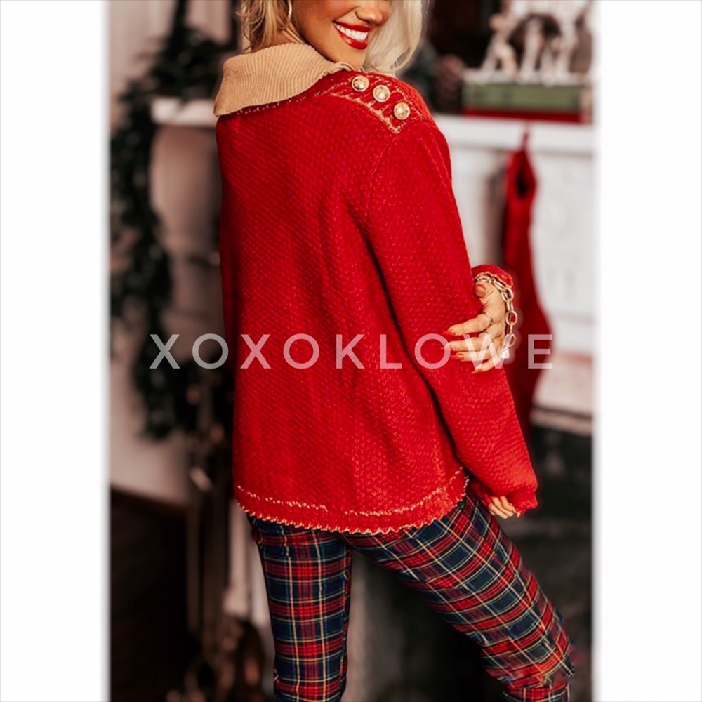 POL Red Button Front Cardigan with Sparkly Gold Trim - Picture 11 of 15